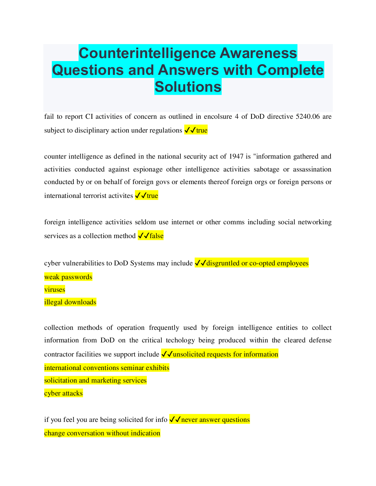 Counterintelligence awareness questions and answers with complete solutions